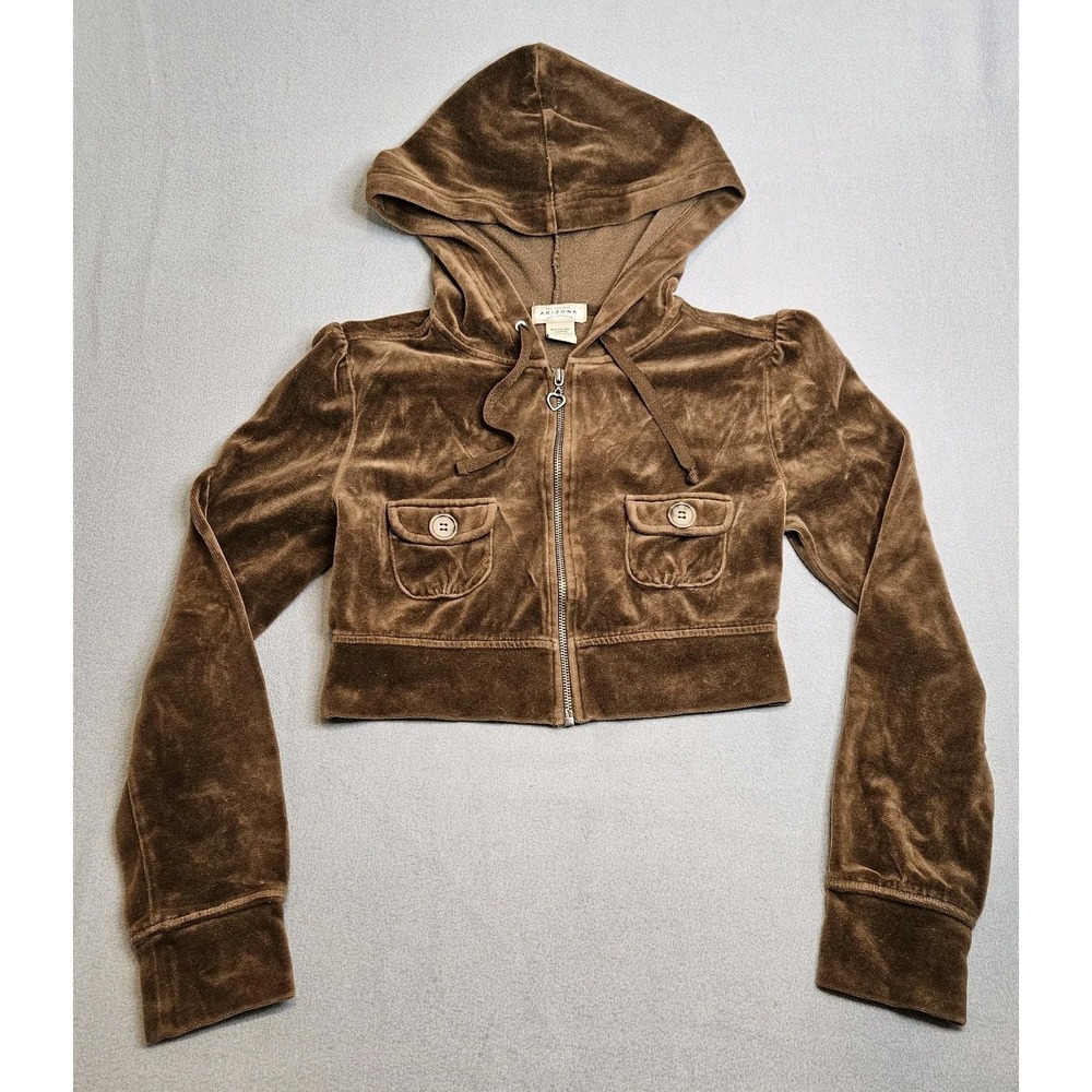 Aeropostale Vtg Y2K Velour Full-Zip BROWN Cropped Hoodie Womans Sz MEDIUM